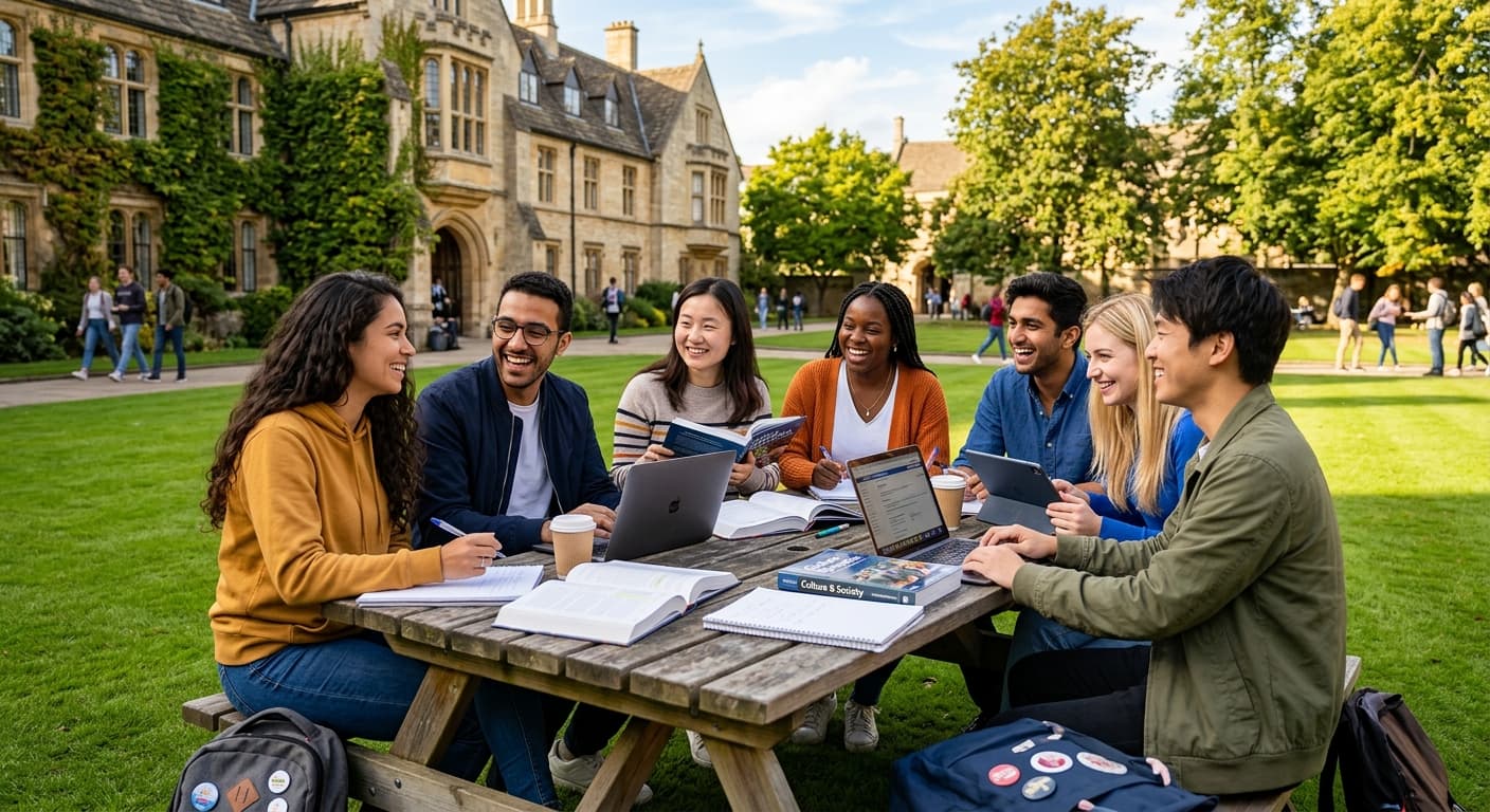 International students collaborating on a sunny campus